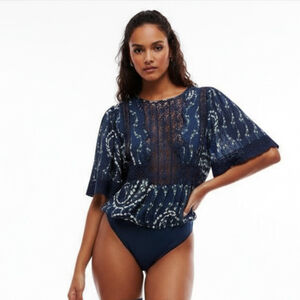 Free People Bali Tate Mixed Media Crochet Floral Printed Bodysuit Blue Sz S